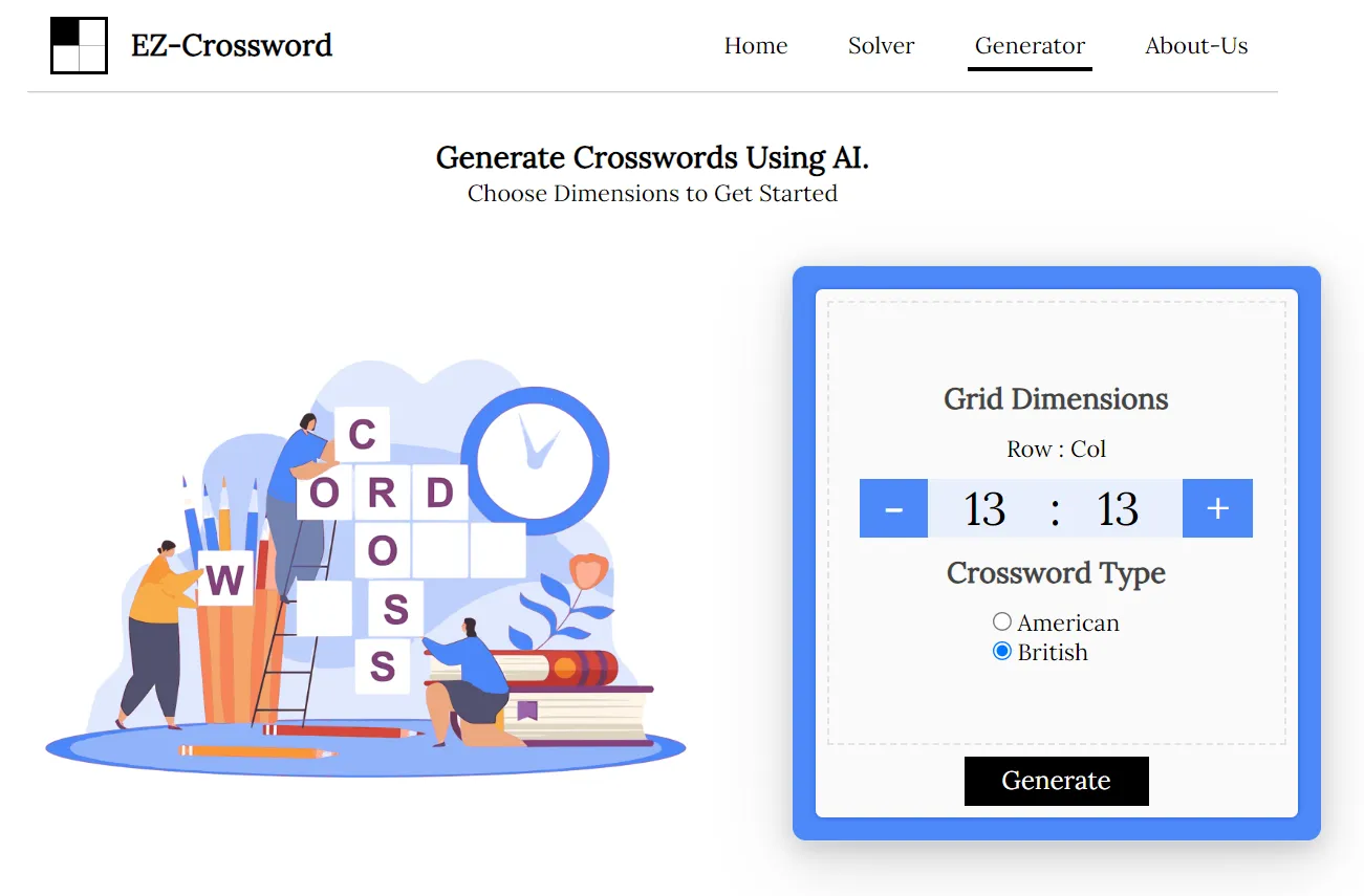 EZ-Crossword web app by Sushank Ghimire, showing a solved crossword grid